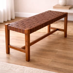 Handcrafted Wooden Bench with Woven Leather Seat